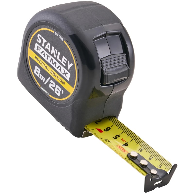 Stanley FatMax 8m tape measure with yellow blade extended from black case
