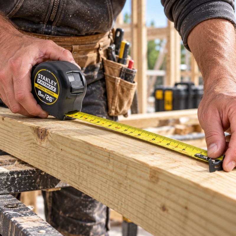 Tradesperson measuring a timber beam with a Stanley FatMax tape