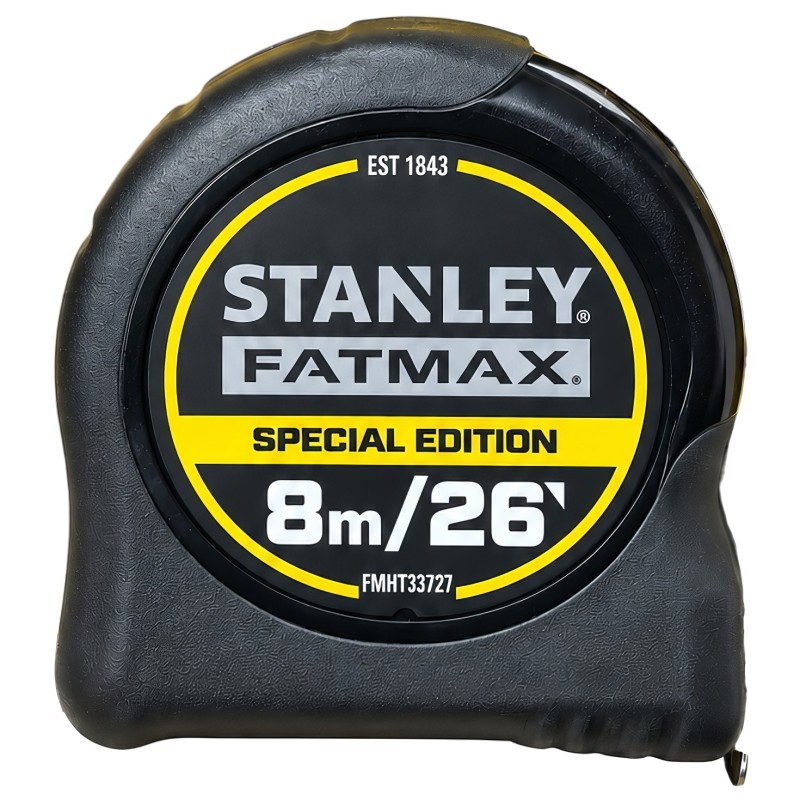 Front view of a black Stanley FatMax tape measure marked 8m and 26ft