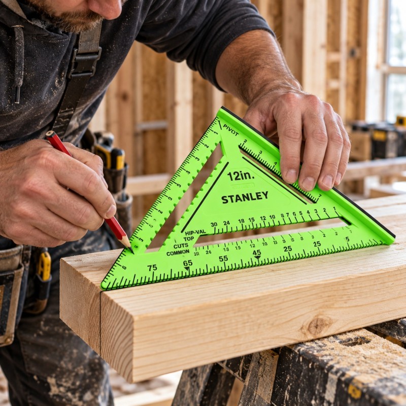 Carpenter using a green Stanley rafter square to mark a timber board