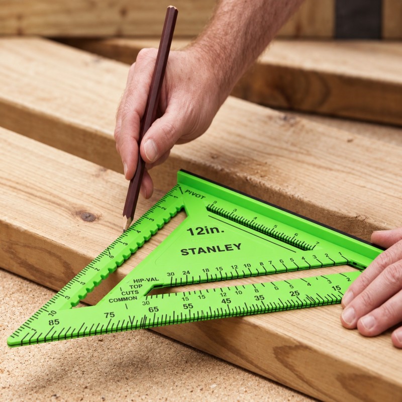 Close-up of a green Stanley speed square guiding a pencil line on timber