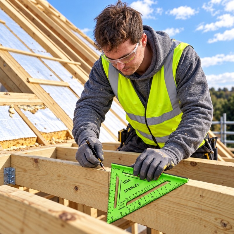 Tradesperson using a large green Stanley square on roof framing timber
