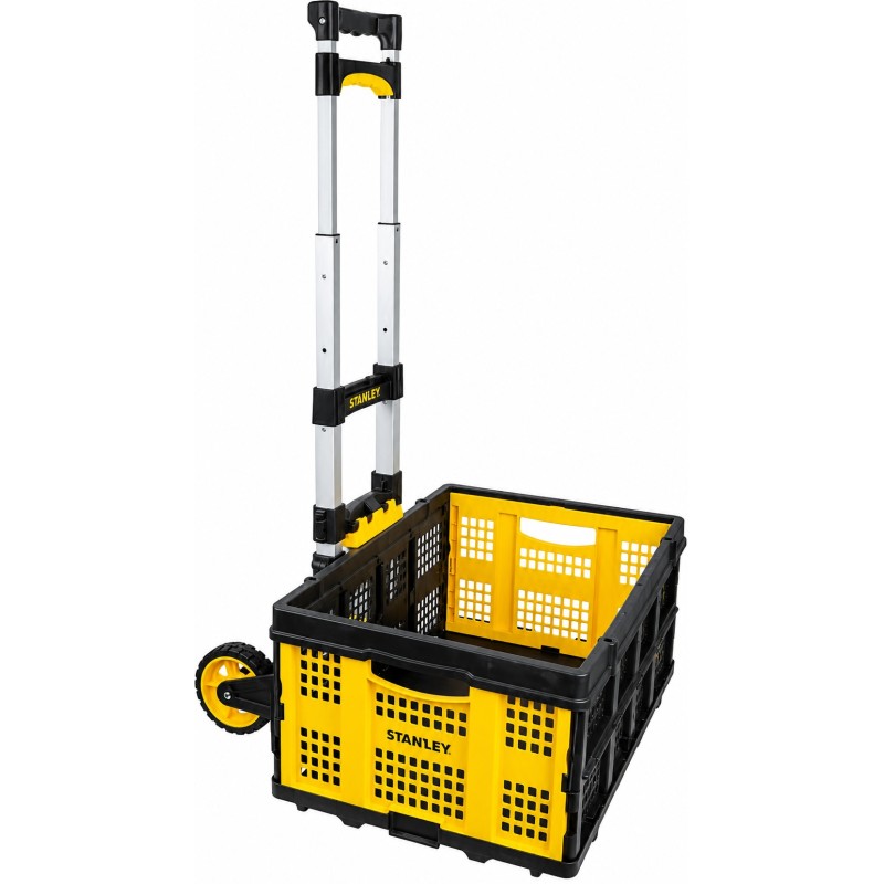 Stanley FT509 hand truck upright with yellow basket attached