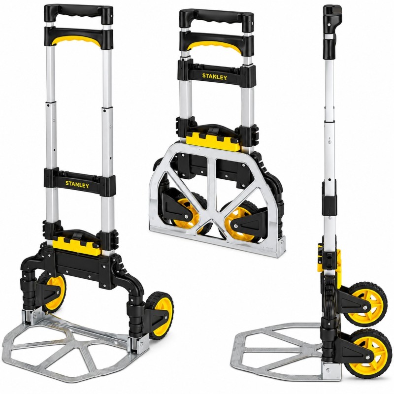 Stanley FT509 hand truck shown in three positions for transport and storage