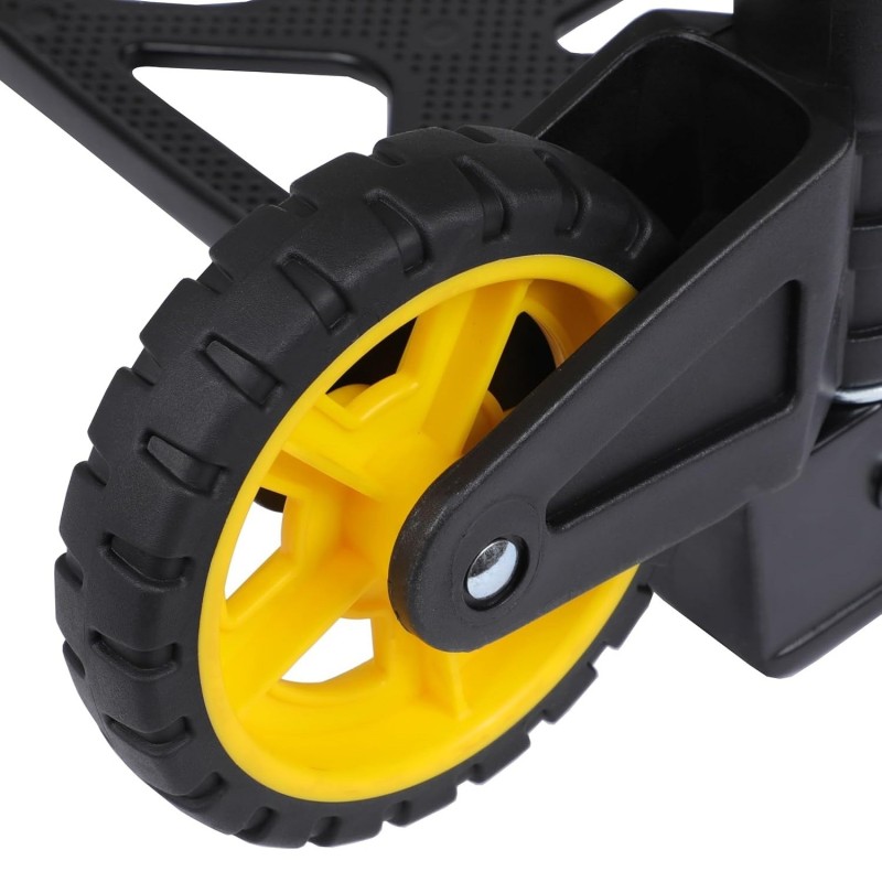 Close-up of the yellow wheel and black tyre on Stanley FT509 trolley