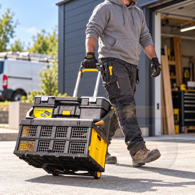 Tradesperson wheeling a Stanley FT509 tool trolley outside a workshop