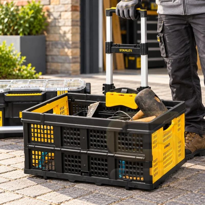 Open Stanley FT509 basket with tools and a telescopic trolley handle