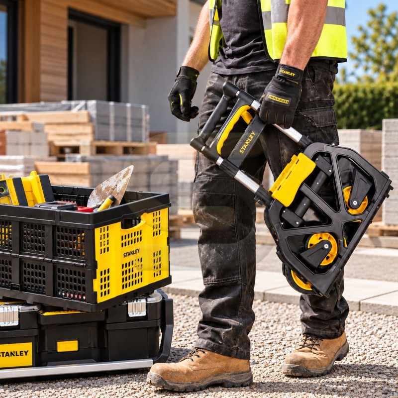 Worker carrying a collapsed Stanley FT509 trolley beside a tool basket