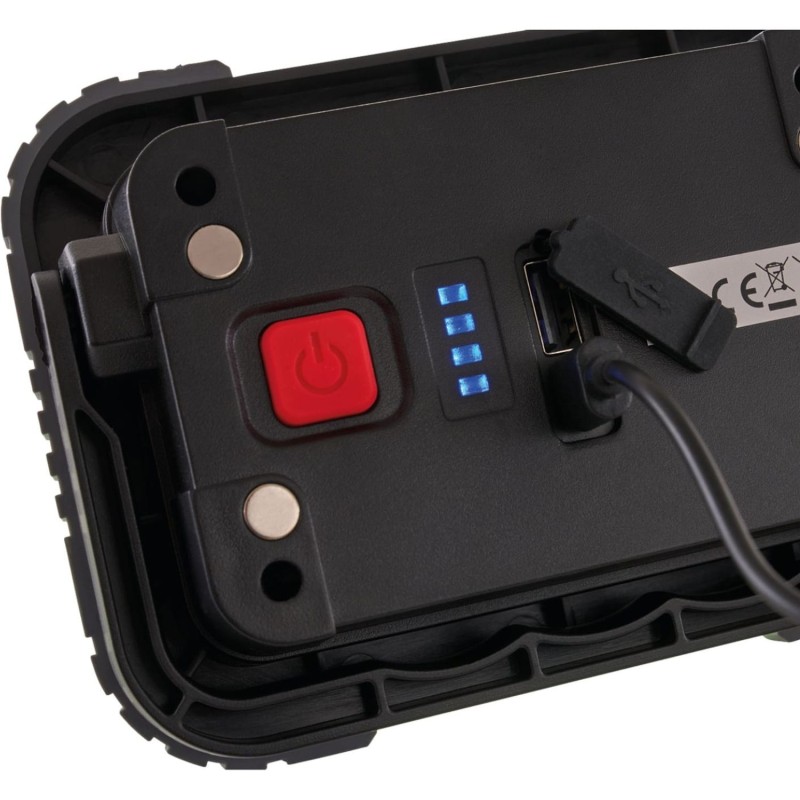 Rear of UNI-COM portable LED task light showing controls and charging points